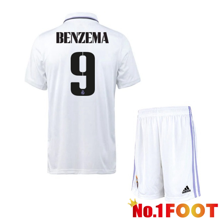 Real Madrid (Benzema 9) Jersey Home Kids White 2022/2023