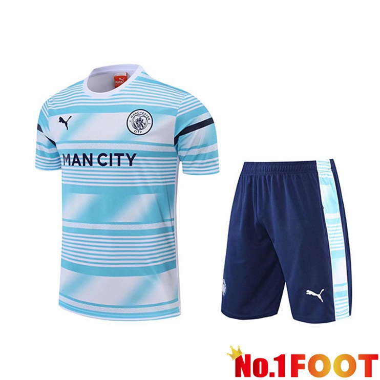 Manchester City Training T Shirt + Shorts White Blue 2022/2023