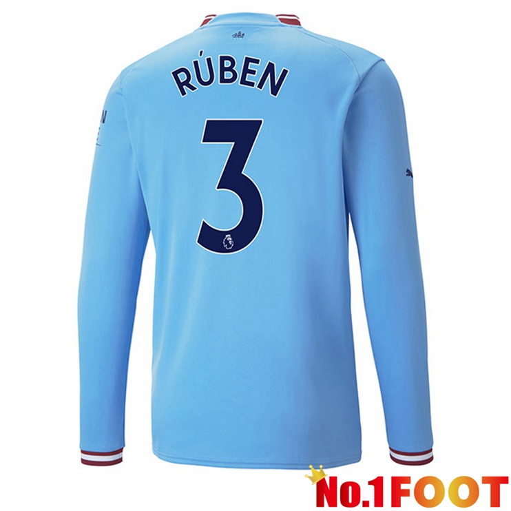 Manchester City (Ruben Dias 3) Jersey Home Long Sleeve Blue 2022/2023