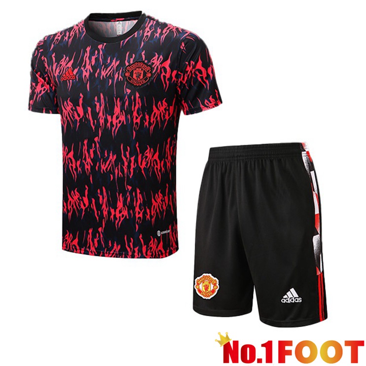 Manchester United Training T-Shirts + Shorts Red Black 2022-2023