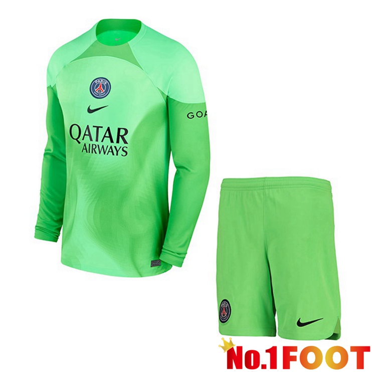 Paris PSG Kids Goalkeeper Football Jerseys Long Sleeve Green 2022-2023