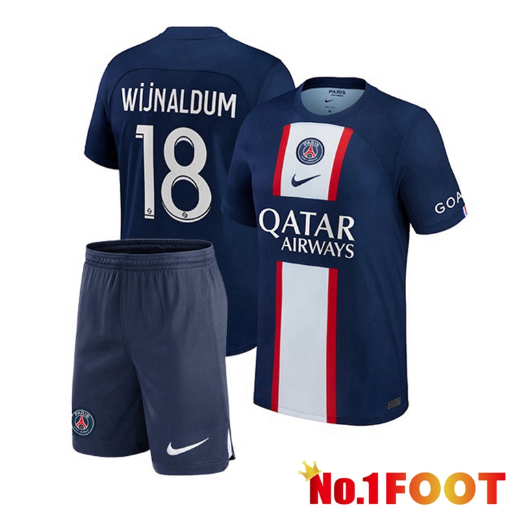 Paris PSG (Wijnaldum 18) Kids Football Jerseys Home Blue Royal 2022-2023