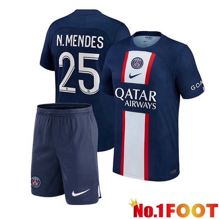 Paris PSG (N.Mendes 25) Kids Football Jerseys Home Blue Royal 2022-2023