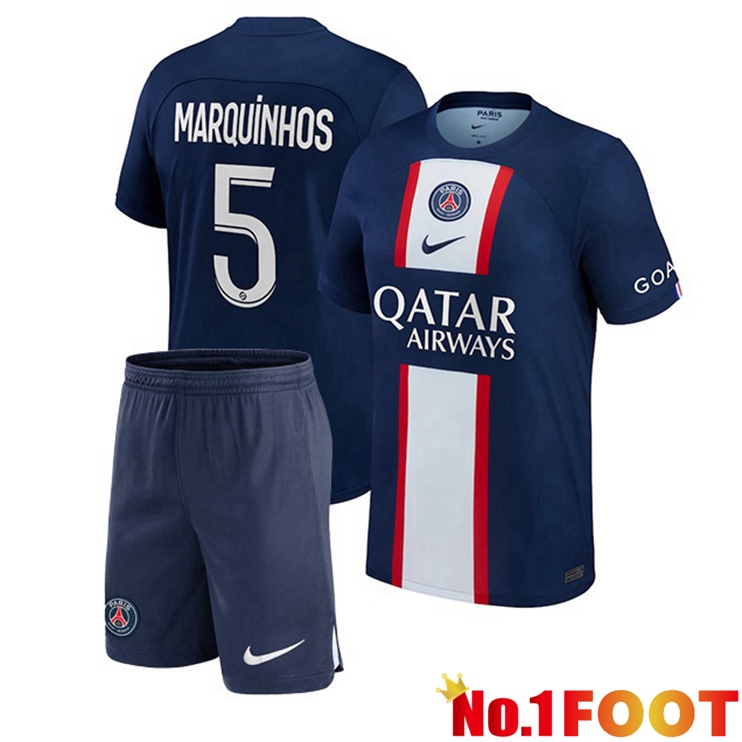 Paris PSG (Marquinhos 5) Kids Football Jerseys Home Blue Royal 2022-2023