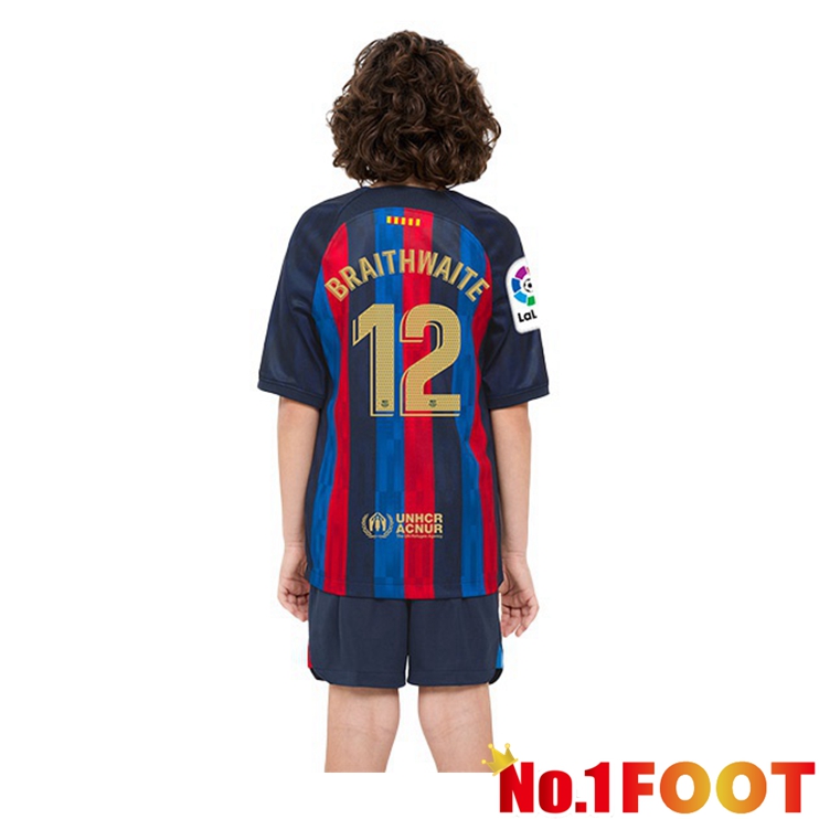 FC Barcelona (Martin Braithwaite 12) Kids Football Jerseys Home Red Blue 2022-2023