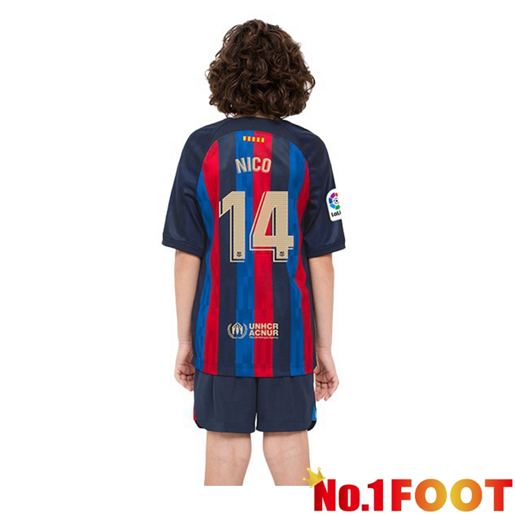 FC Barcelona (Nico 14) Kids Football Jerseys Home Red Blue 2022-2023