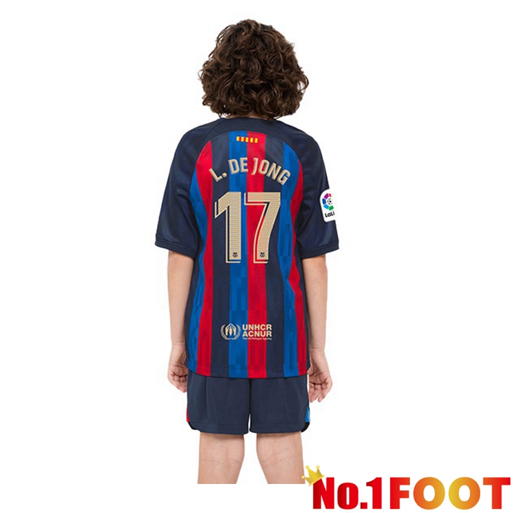 FC Barcelona (Luuk de Jong 17) Kids Football Jerseys Home Red Blue 2022-2023