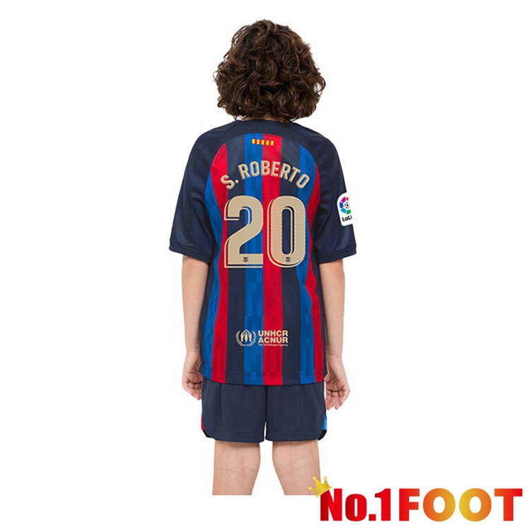 FC Barcelona (Sergi Roberto 20) Kids Football Jerseys Home Red Blue 2022-2023