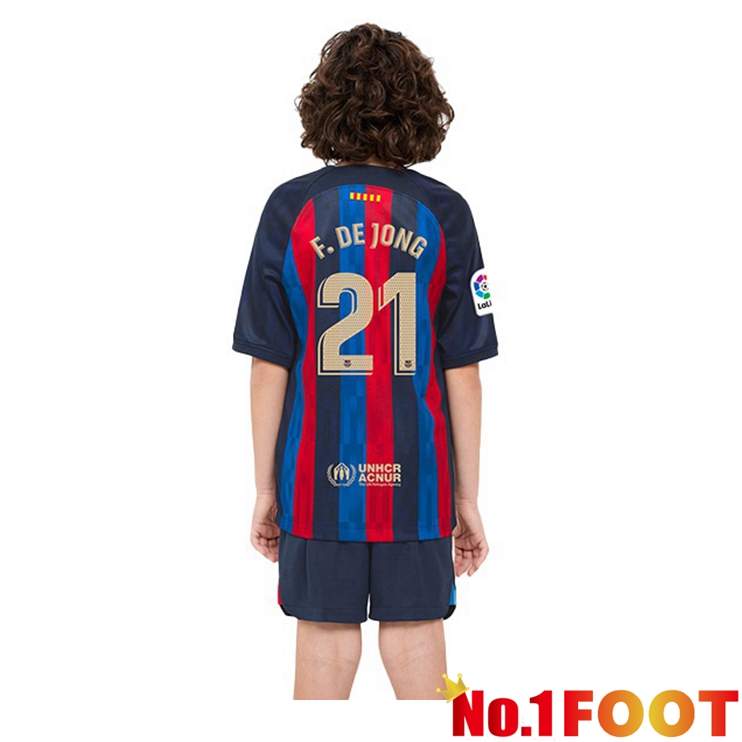 FC Barcelona (Frenkie de Jong 21) Kids Football Jerseys Home Red Blue 2022-2023