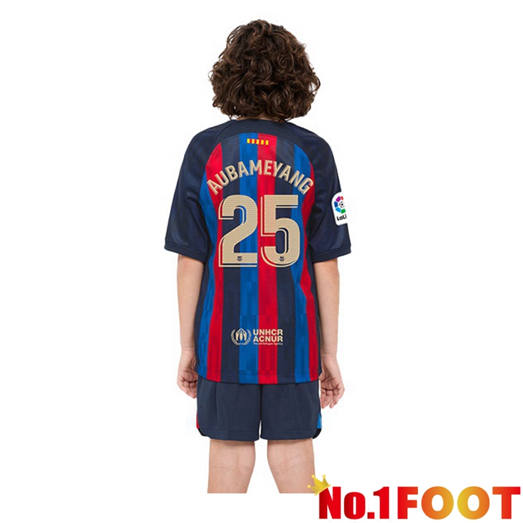 FC Barcelona (Aubameyang 25) Kids Football Jerseys Home Red Blue 2022-2023