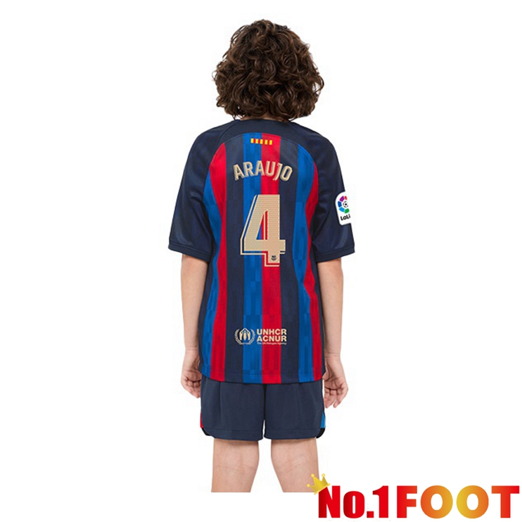 FC Barcelona (R. Araujo 4) Kids Football Jerseys Home Red Blue 2022-2023