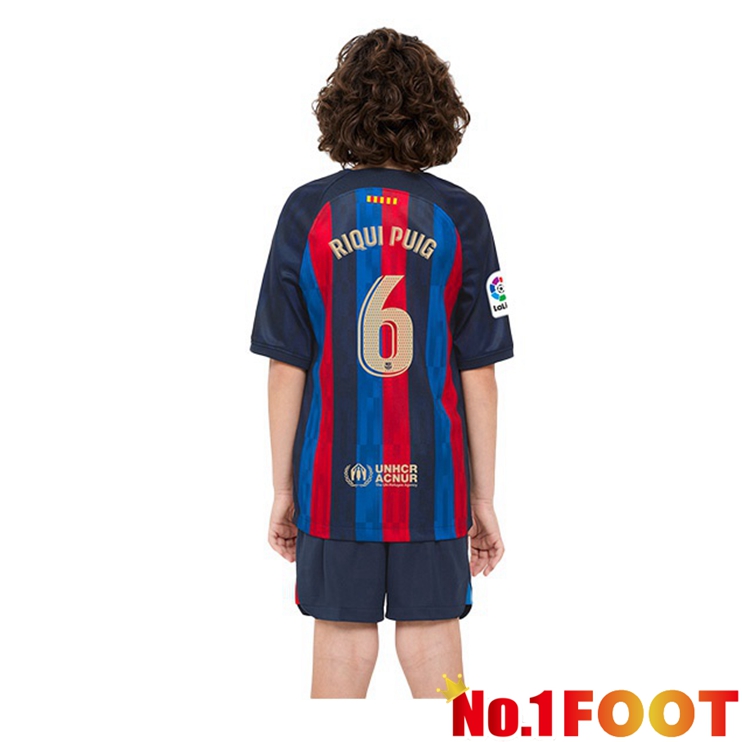 FC Barcelona (Riqui Puig 6) Kids Football Jerseys Home Red Blue 2022-2023