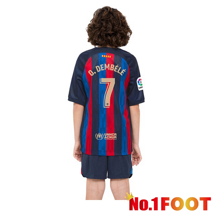 FC Barcelona (Ousmane Dembélé 7) Kids Football Jerseys Home Red Blue 2022-2023