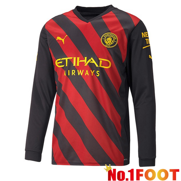 Manchester City Soccer Jersey Away Long Sleeve Red Black 2022/2023