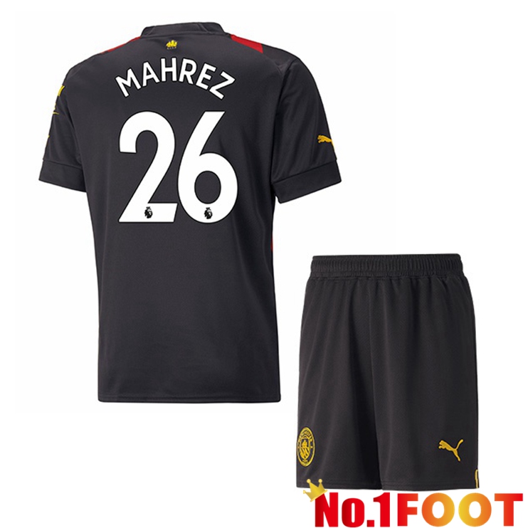 Manchester City (Riyad Mahrez 26) Kids Soccer Jersey Away Red Black 2022/2023