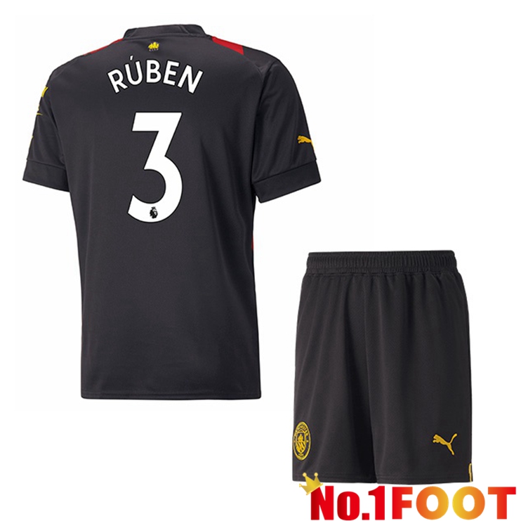 Manchester City (Ruben Dias 3) Kids Soccer Jersey Away Red Black 2022/2023