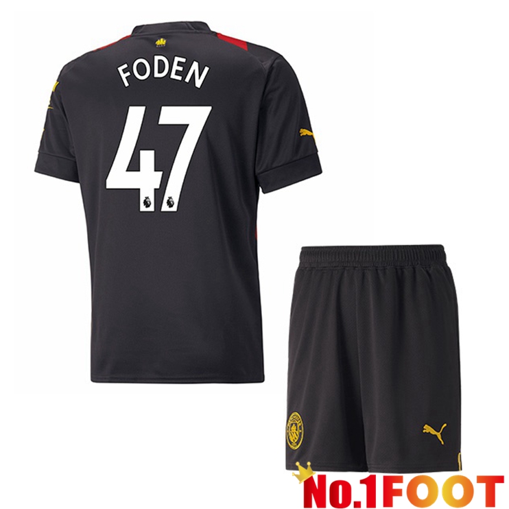 Manchester City (Phil Foden 47) Kids Soccer Jersey Away Red Black 2022/2023