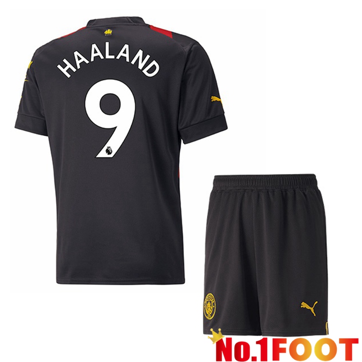 Manchester City (Erling Haaland 9) Kids Soccer Jersey Away Red Black 2022/2023