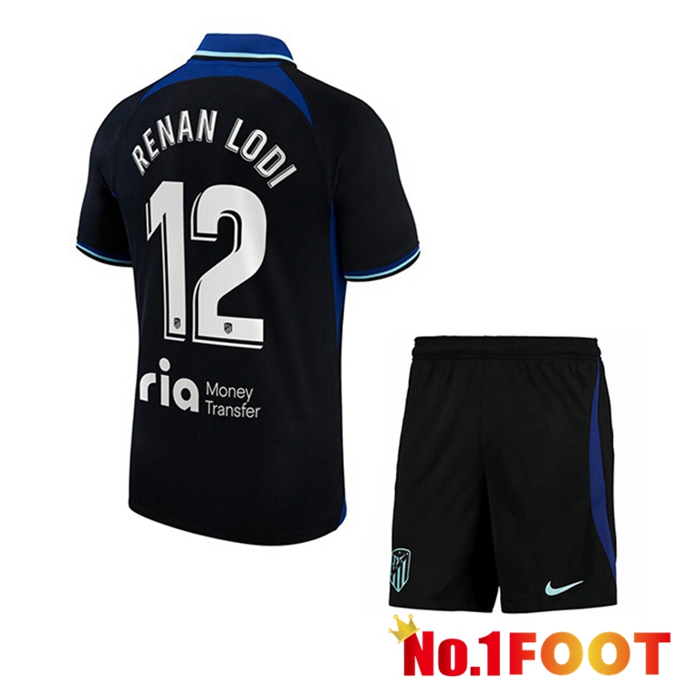 Atletico Madrid (Renan Lodi 12) Kids Soccer Jersey Away Black 2022/2023