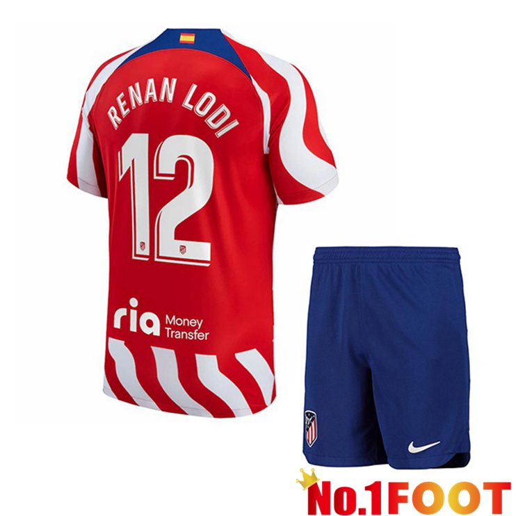 Atletico Madrid (Renan Lodi 12) Kids Soccer Jersey Home Red 2022/2023