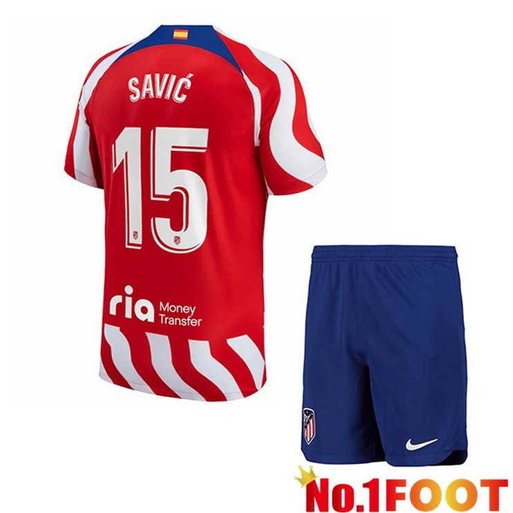 Atletico Madrid (Savic 15) Kids Soccer Jersey Home Red 2022/2023