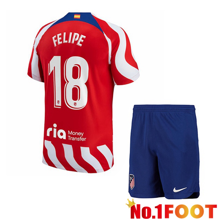 Atletico Madrid (Felipe 18) Kids Soccer Jersey Home Red 2022/2023