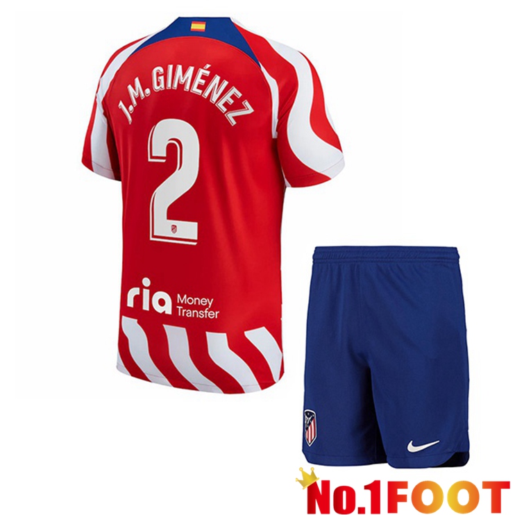 Atletico Madrid (J.M. Giménez 2) Kids Soccer Jersey Home Red 2022/2023