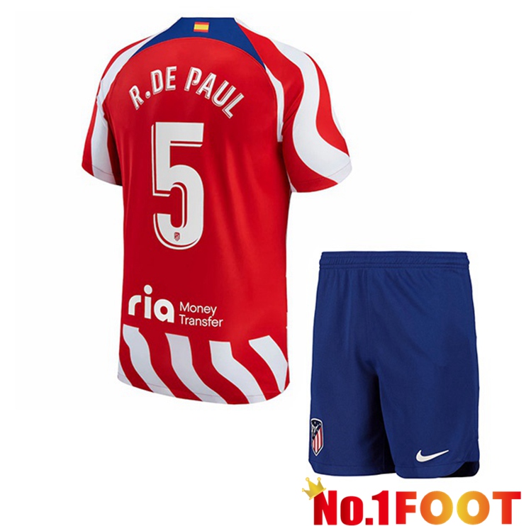 Atletico Madrid (R. De Paul 5) Kids Soccer Jersey Home Red 2022/2023