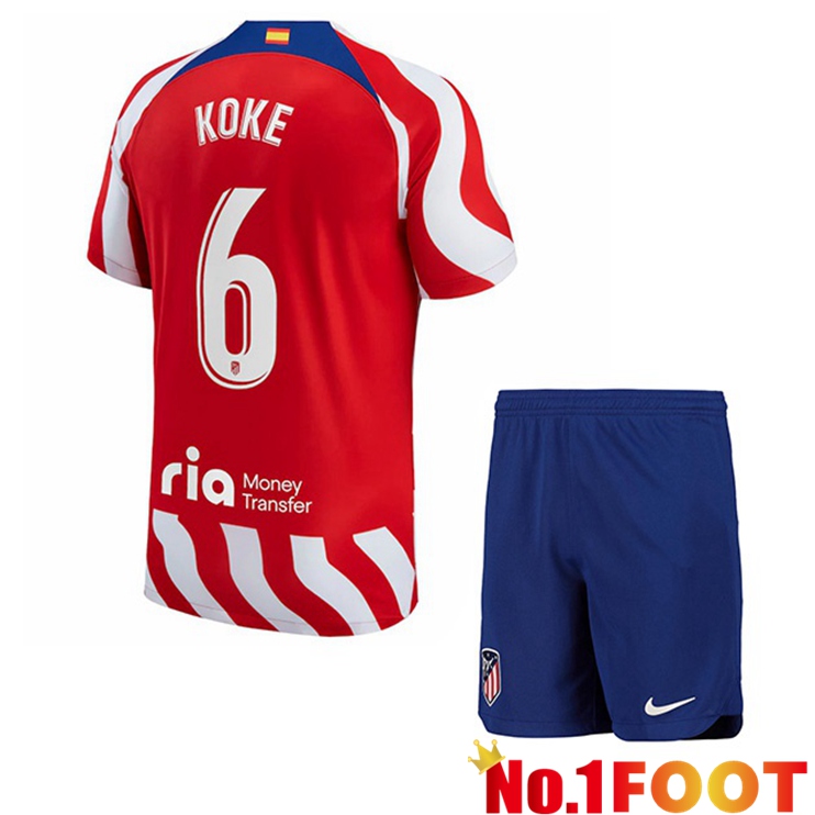 Atletico Madrid (Koke 6) Kids Soccer Jersey Home Red 2022/2023