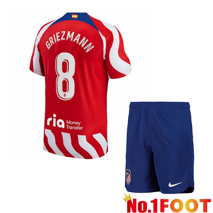 Atletico Madrid (Griezmann 8) Kids Soccer Jersey Home Red 2022/2023