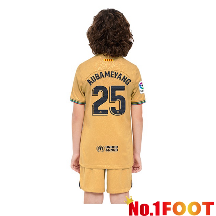 FC Barcelona (Aubameyang 25) Kids Soccer Jersey Away Yellow 2022/2023