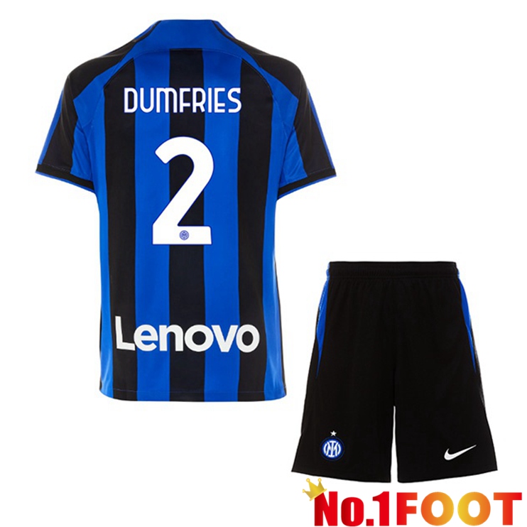 Inter Milan (DUMFRIES 2) Kids Soccer Jersey Home Black Blue 2022/2023