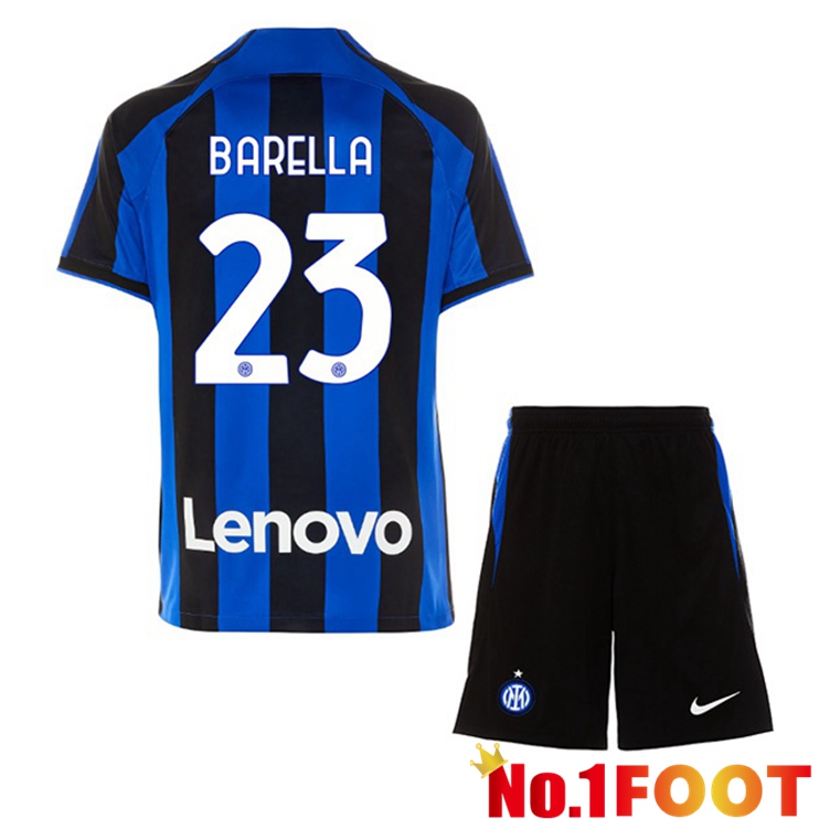 Inter Milan (BARELLA 23) Kids Soccer Jersey Home Black Blue 2022/2023