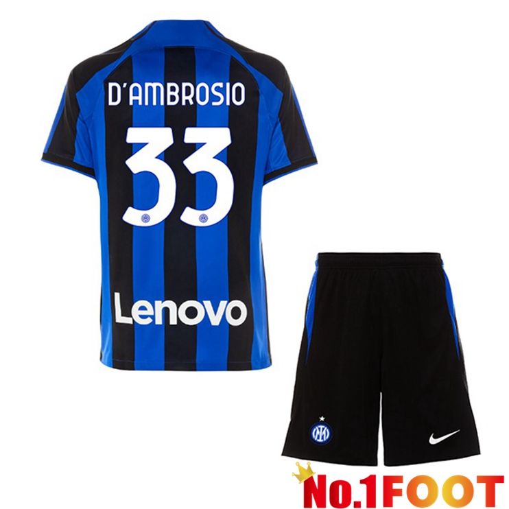 Inter Milan (D'AMBROSIO 33) Kids Soccer Jersey Home Black Blue 2022/2023