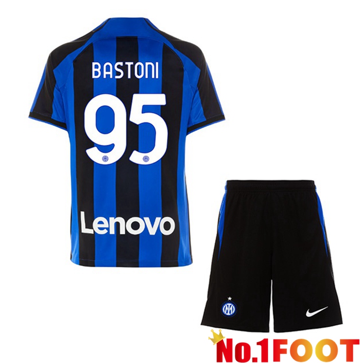 Inter Milan (BASTONI 95) Kids Soccer Jersey Home Black Blue 2022/2023