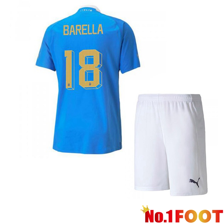 Italy（Barella 18）Kids Football Jersey Home Blue 2022/2023