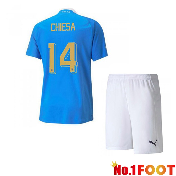 Italy（Chiesa 14）Kids Football Jersey Home Blue 2022/2023