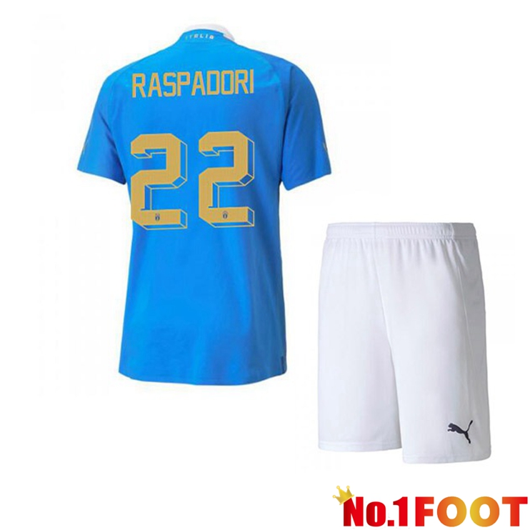 Italy（Raspadori 22）Kids Football Jersey Home Blue 2022/2023