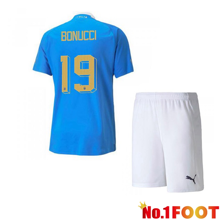 Italy（Bonucci 19）Kids Football Jersey Home Blue 2022/2023