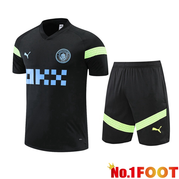 Manchester City Training T Shirt + Shorts Black 2022-2023