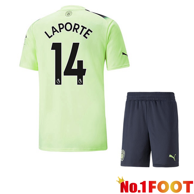 Manchester City (Aymeric Laporte 14) Kids Football Jerseys Third Green Black 2022-2023