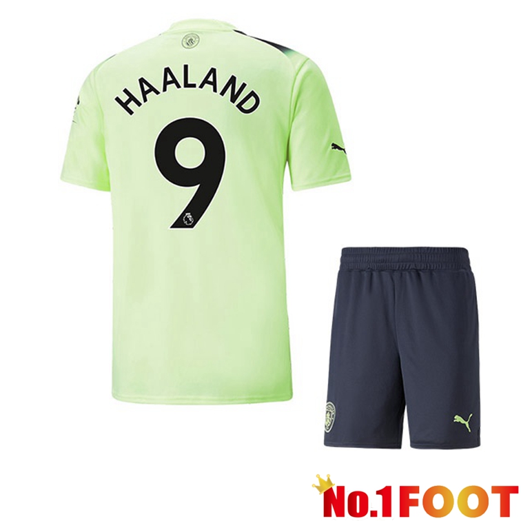 Manchester City (Erling Haaland 9) Kids Football Jerseys Third Green Black 2022-2023