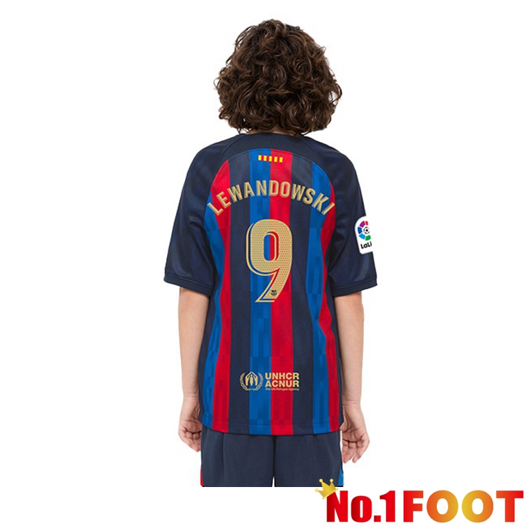 FC Barcelona (LEWANDOWSKI 9) Kids Football Jerseys Home Red Blue 2022-2023