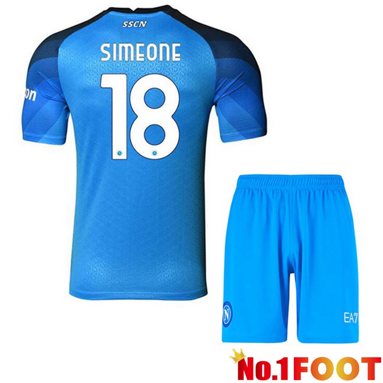 SSC Napoli (Simeone 18) Kids Football Jerseys Home Blue 2022-2023