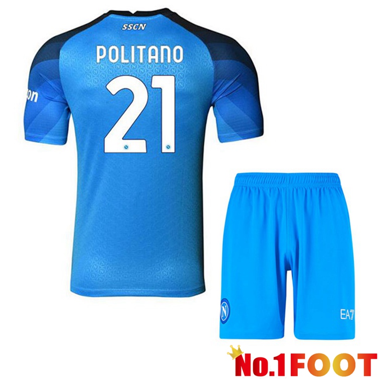 SSC Napoli (Politano 21) Kids Football Jerseys Home Blue 2022-2023