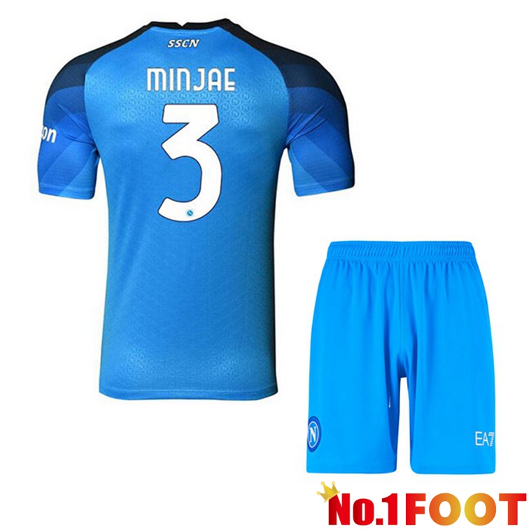 SSC Napoli (Minjae 3) Kids Football Jerseys Home Blue 2022-2023