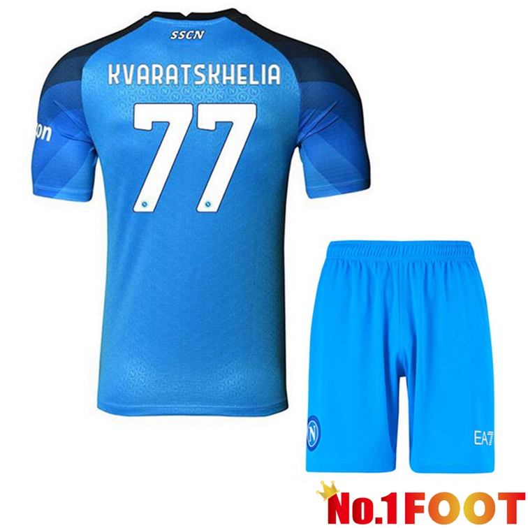 SSC Napoli (Kvaratskhelia 77) Kids Football Jerseys Home Blue 2022-2023