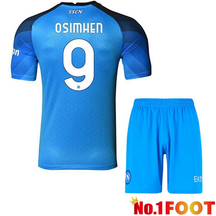 SSC Napoli (Osimhen 9) Kids Football Jerseys Home Blue 2022-2023