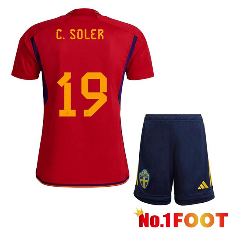 Spain (C. SOLER 19) Kids Soccer Jerseys Home Red World Cup 2022