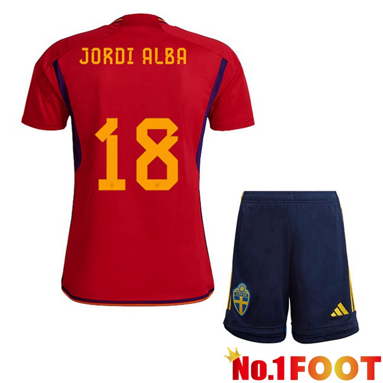 Spain (JORDI ALBA 18) Kids Soccer Jerseys Home Red World Cup 2022